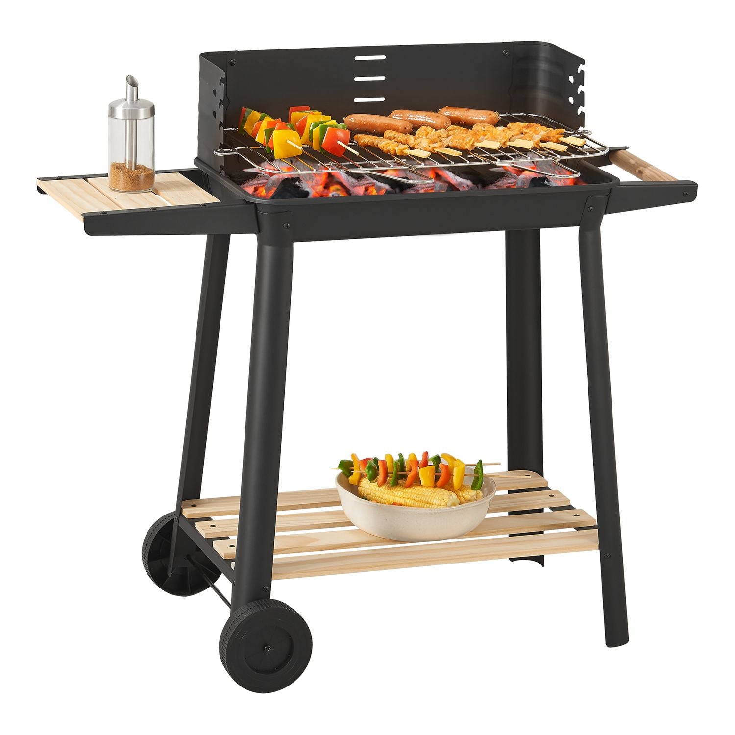 Grill węglowy Ari z 2 kółkami 78x86x30cm - czarny/drewno [casa.pro](Por omisión)